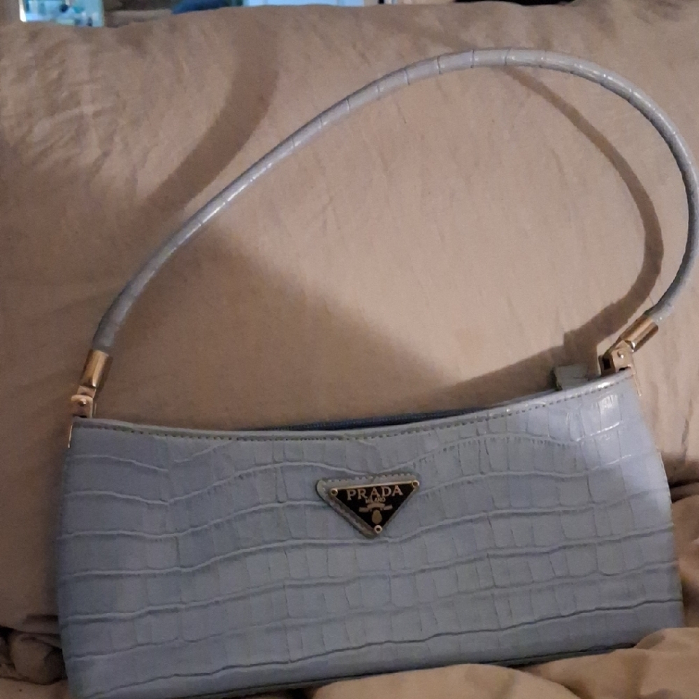 Prada Light Blue Croc-Embossed Shoulder Bag
